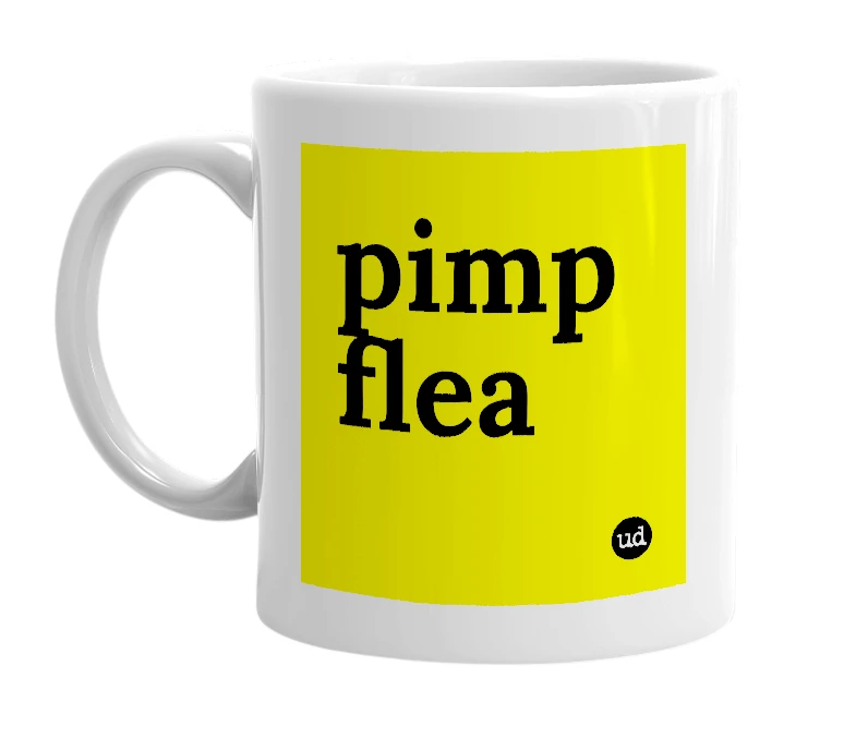 White mug with 'pimp flea' in bold black letters