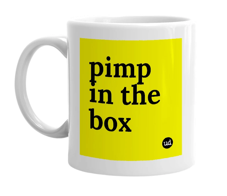 White mug with 'pimp in the box' in bold black letters