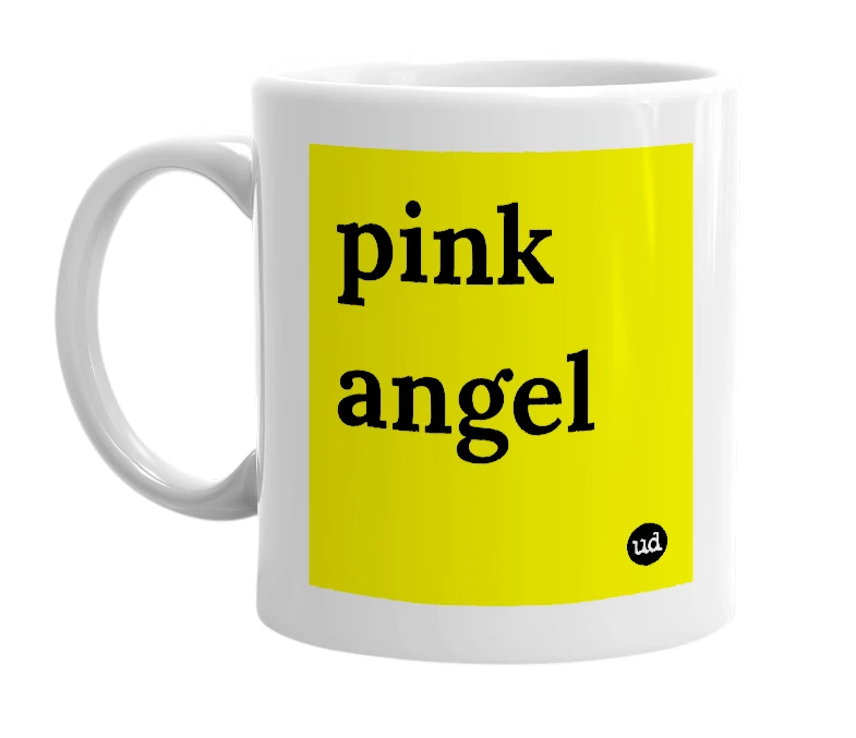 White mug with 'pink angel' in bold black letters