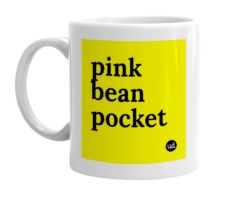 White mug with 'pink bean pocket' in bold black letters