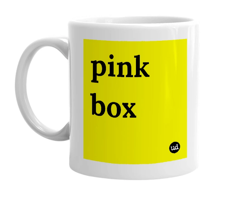 White mug with 'pink box' in bold black letters