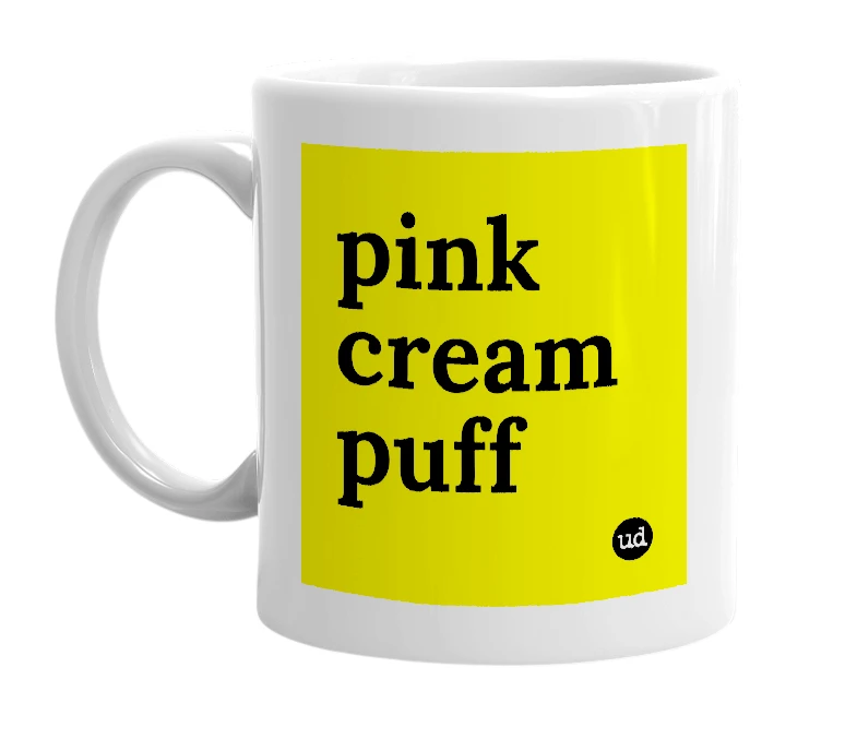 White mug with 'pink cream puff' in bold black letters