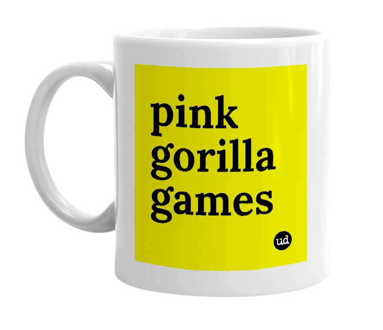 White mug with 'pink gorilla games' in bold black letters