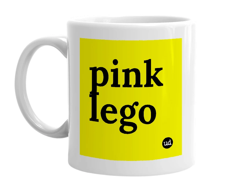 White mug with 'pink lego' in bold black letters