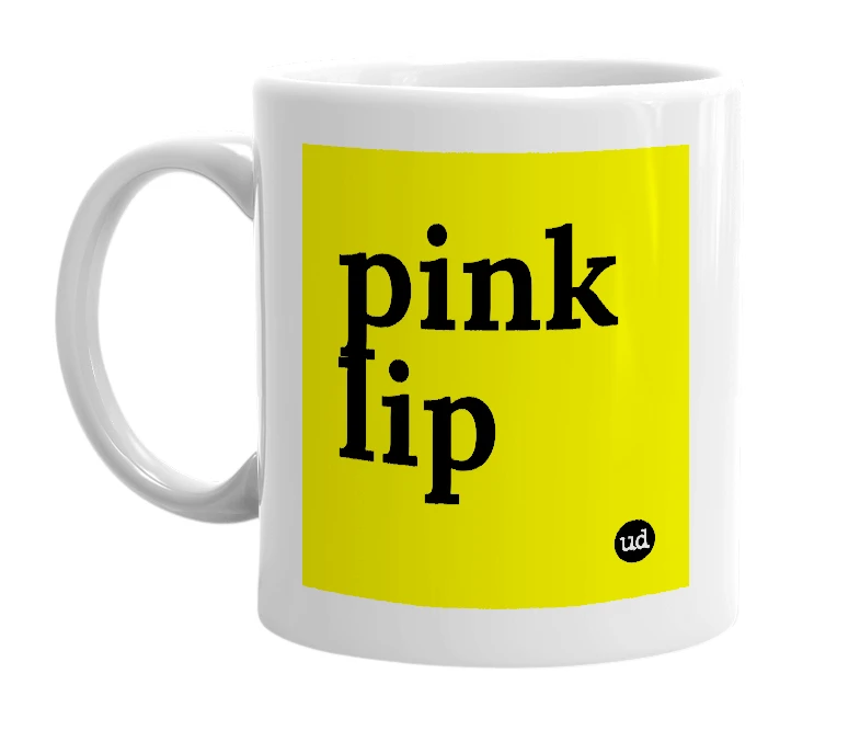 White mug with 'pink lip' in bold black letters