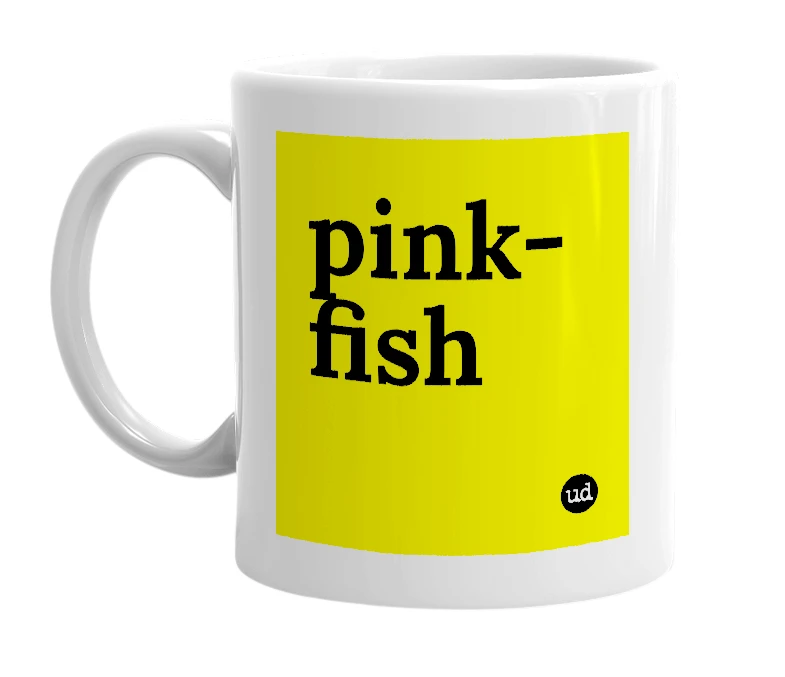 White mug with 'pink-fish' in bold black letters