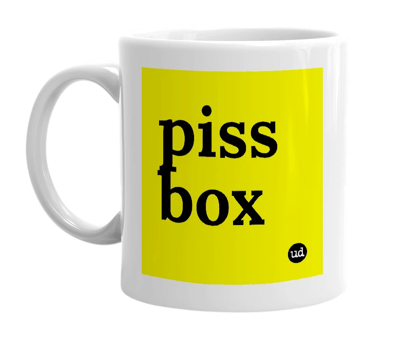 White mug with 'piss box' in bold black letters