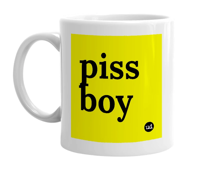 White mug with 'piss boy' in bold black letters