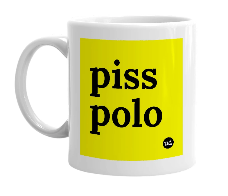 White mug with 'piss polo' in bold black letters