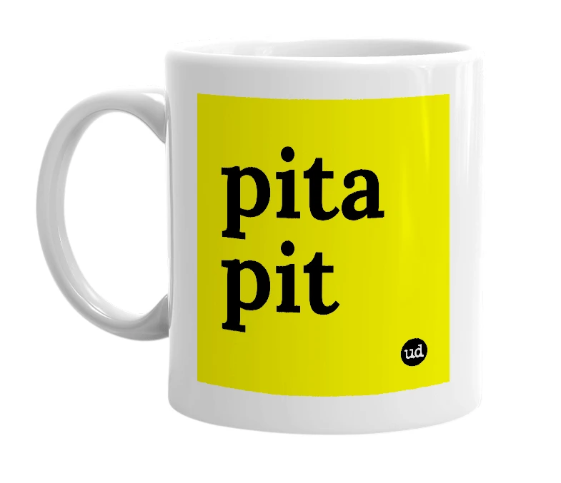 White mug with 'pita pit' in bold black letters