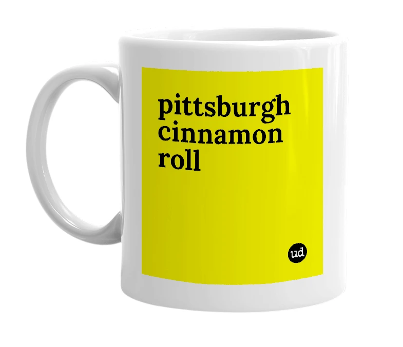 White mug with 'pittsburgh cinnamon roll' in bold black letters