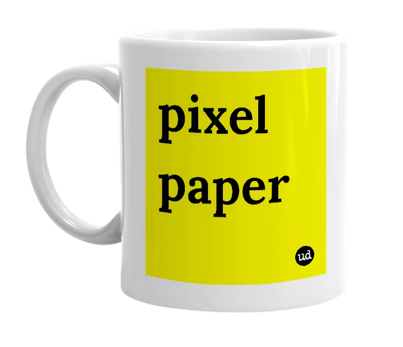 White mug with 'pixel paper' in bold black letters