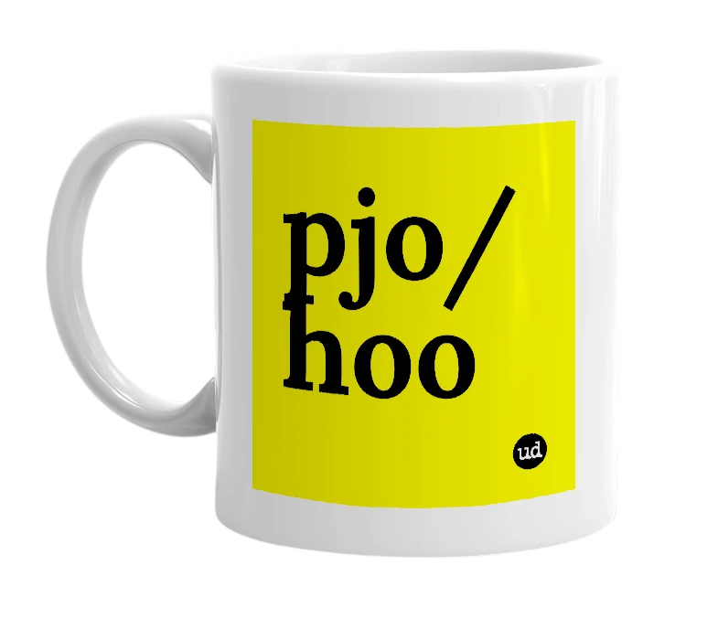 White mug with 'pjo/hoo' in bold black letters