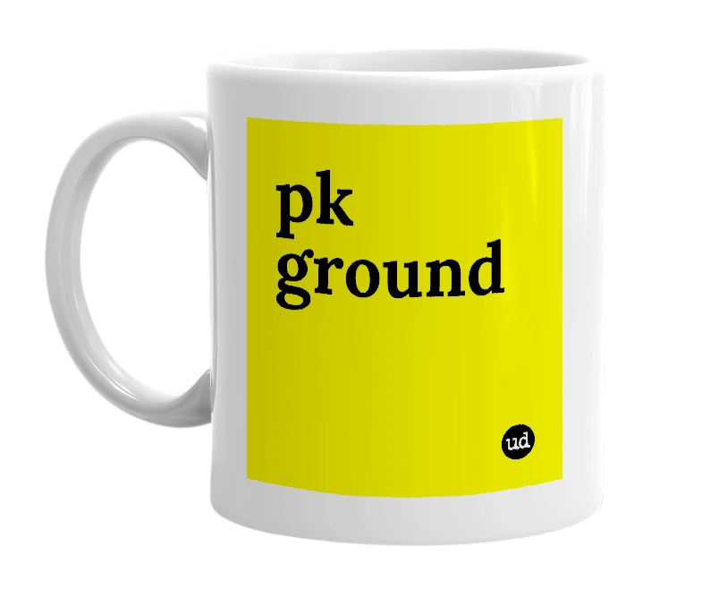 White mug with 'pk ground' in bold black letters