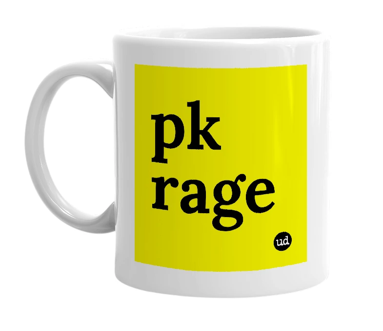White mug with 'pk rage' in bold black letters
