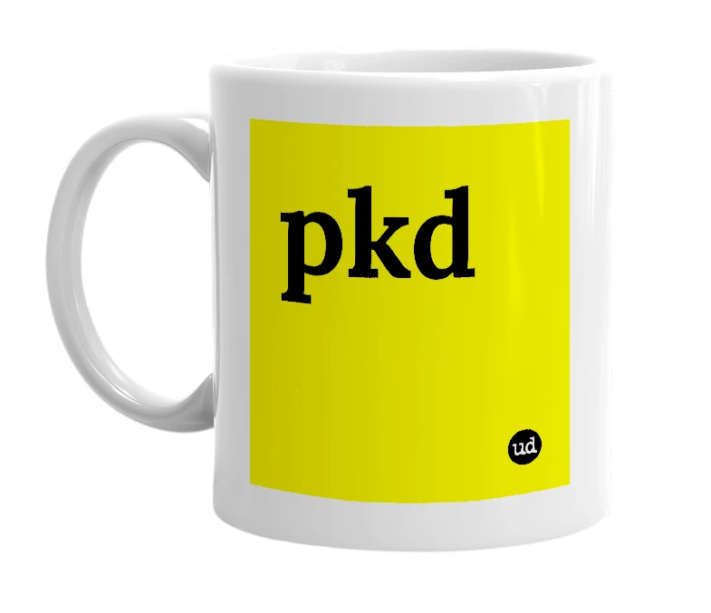 White mug with 'pkd' in bold black letters