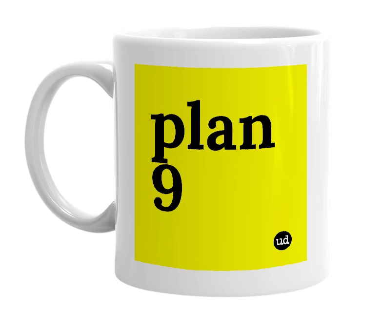 White mug with 'plan 9' in bold black letters