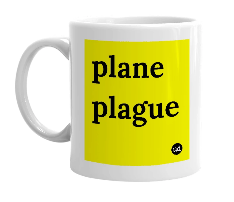 White mug with 'plane plague' in bold black letters