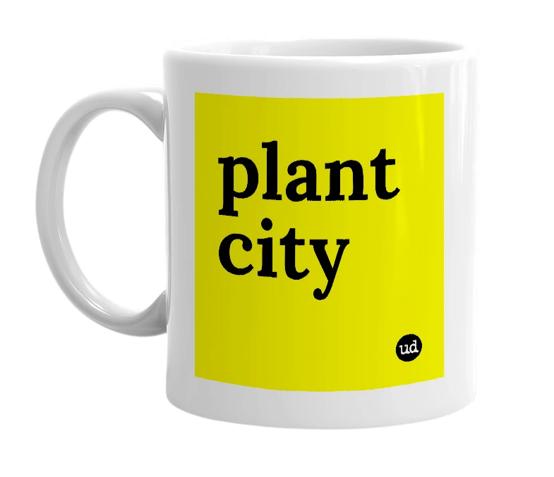 White mug with 'plant city' in bold black letters