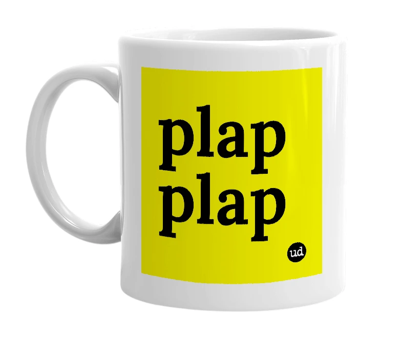 White mug with 'plap plap' in bold black letters