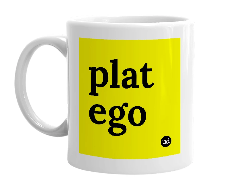 White mug with 'plat ego' in bold black letters