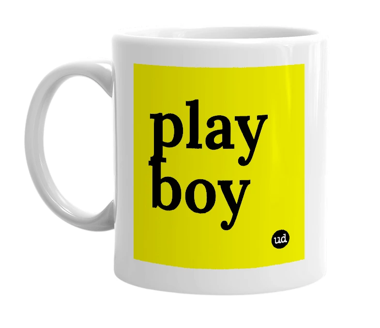 White mug with 'play boy' in bold black letters