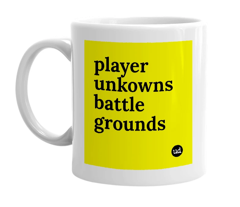 White mug with 'player unkowns battle grounds' in bold black letters