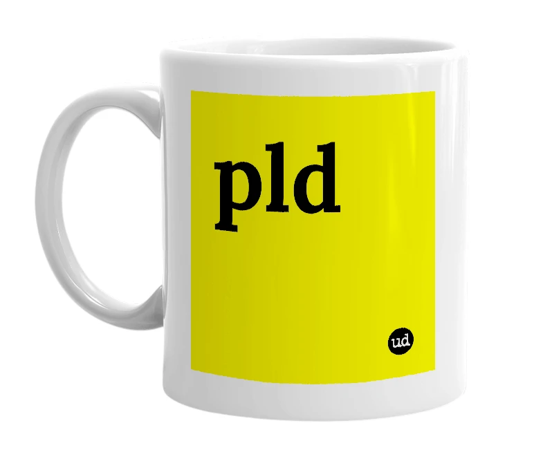 White mug with 'pld' in bold black letters