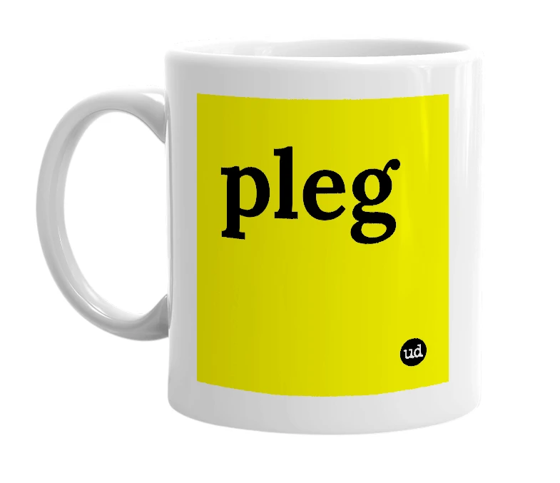 White mug with 'pleg' in bold black letters