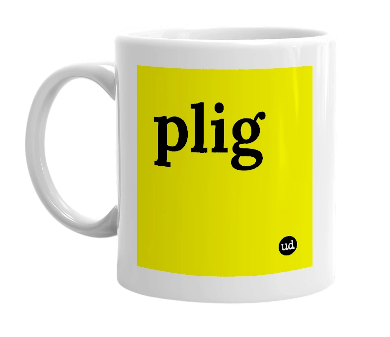 White mug with 'plig' in bold black letters