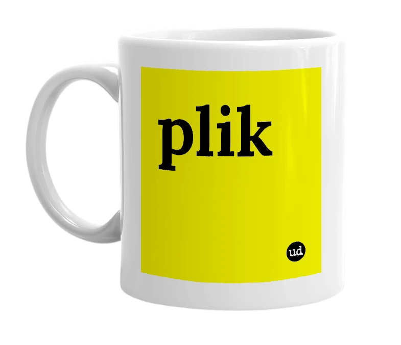 White mug with 'plik' in bold black letters