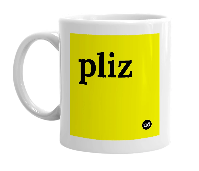 White mug with 'pliz' in bold black letters