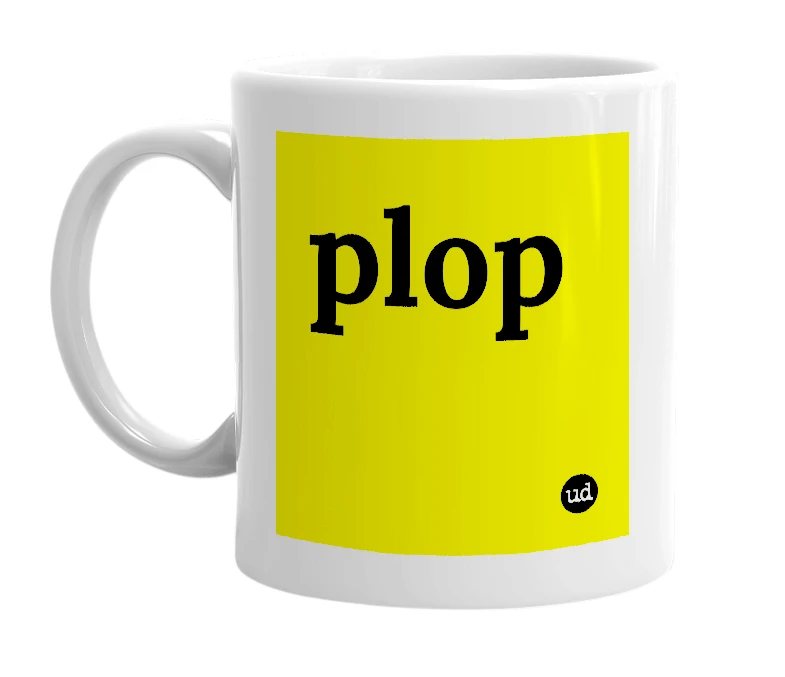 White mug with 'plop' in bold black letters