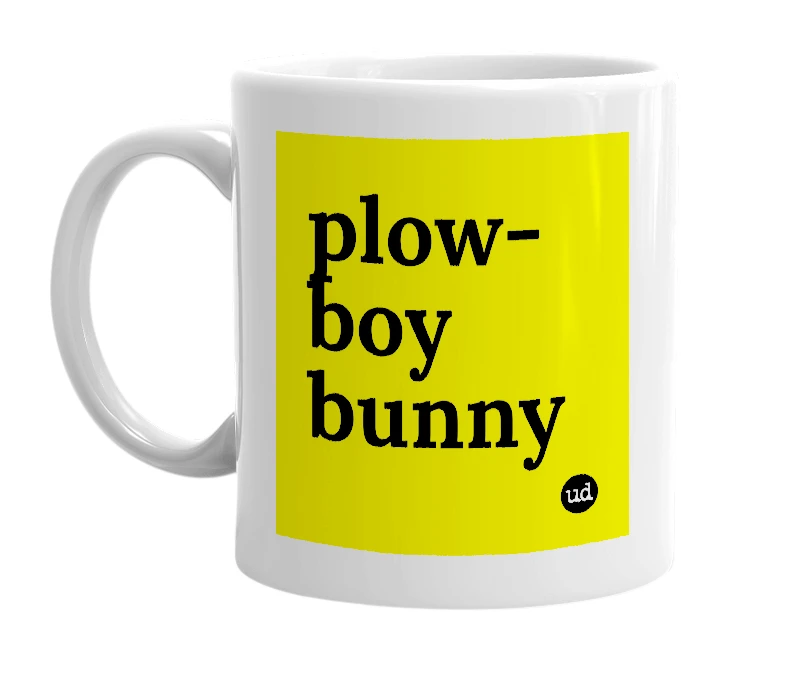 White mug with 'plow-boy bunny' in bold black letters