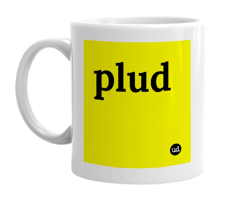 White mug with 'plud' in bold black letters