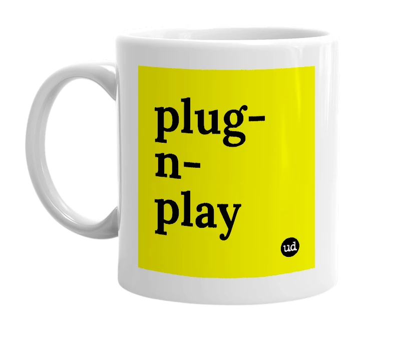 White mug with 'plug-n-play' in bold black letters