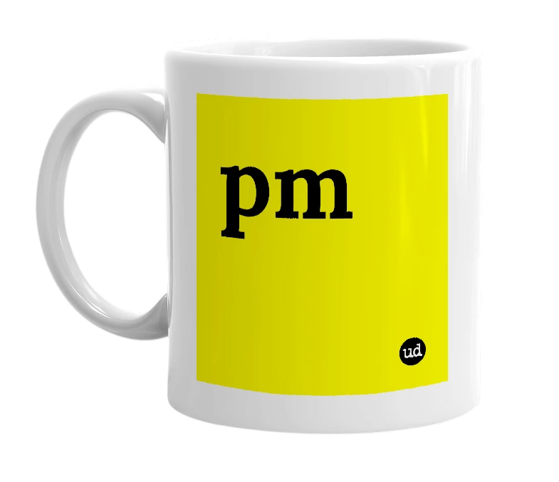 White mug with 'pm' in bold black letters