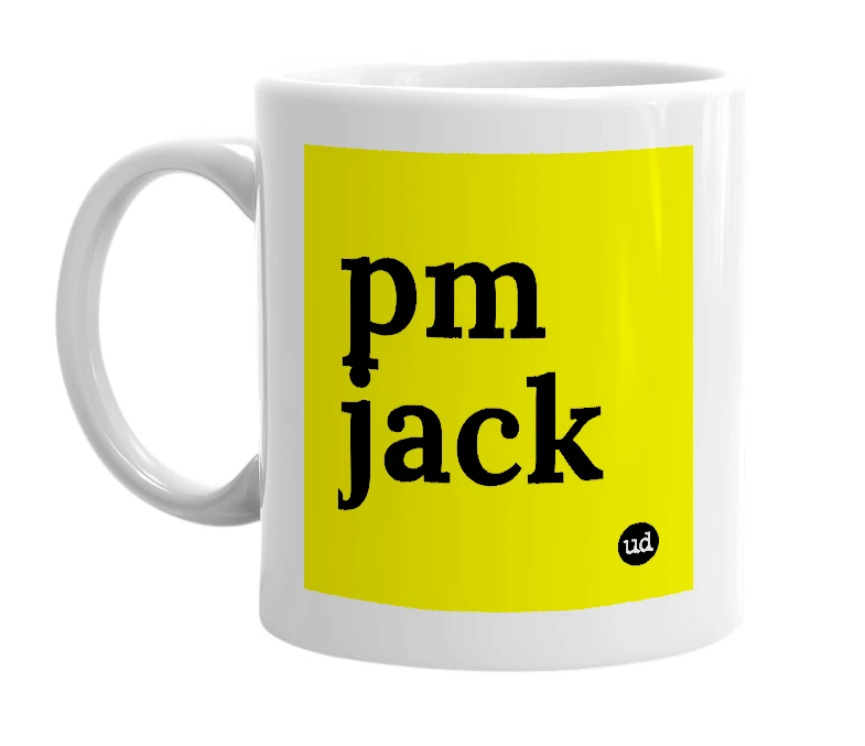 White mug with 'pm jack' in bold black letters