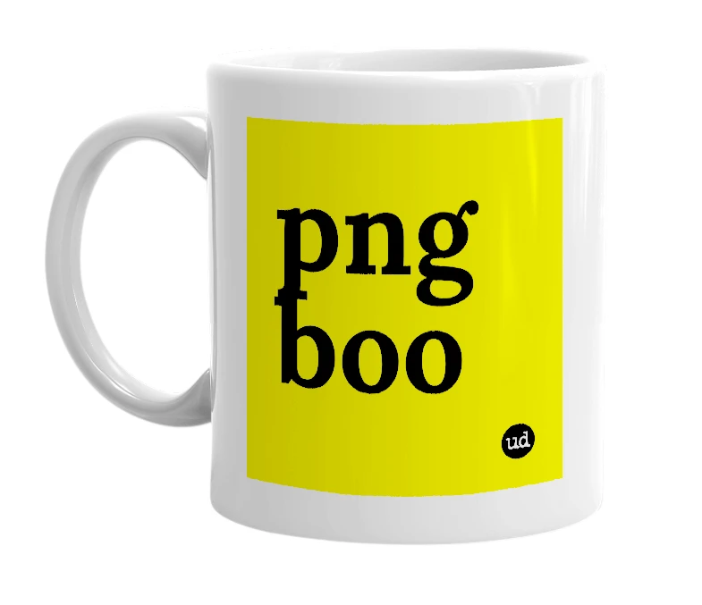 White mug with 'png boo' in bold black letters