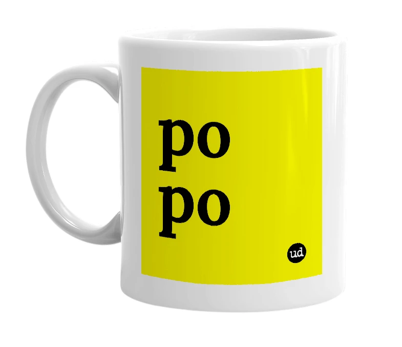 White mug with 'po po' in bold black letters