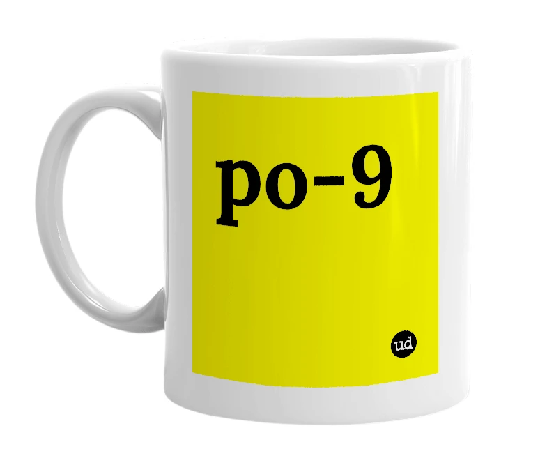 White mug with 'po-9' in bold black letters