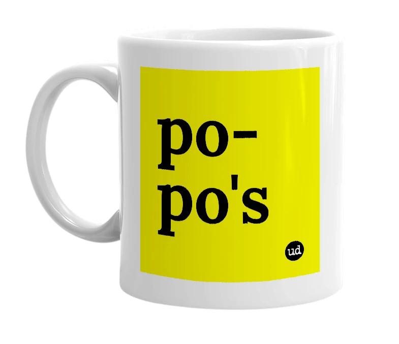 White mug with 'po-po's' in bold black letters