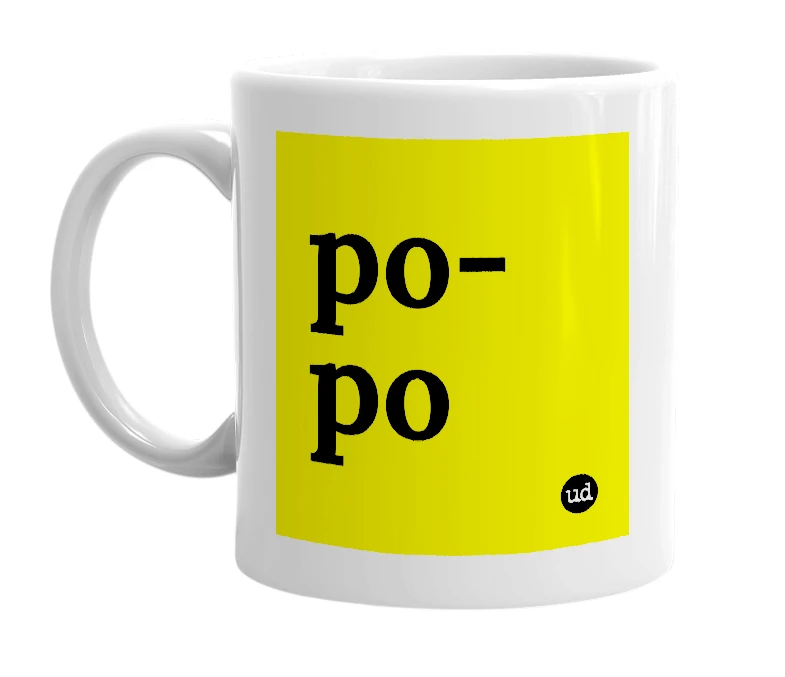 White mug with 'po-po' in bold black letters