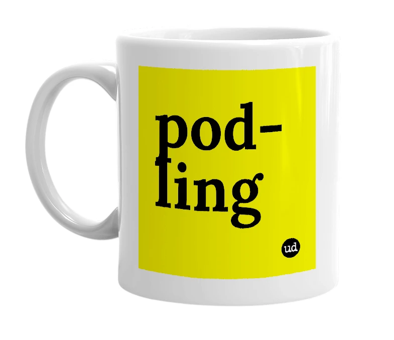 White mug with 'pod-ling' in bold black letters