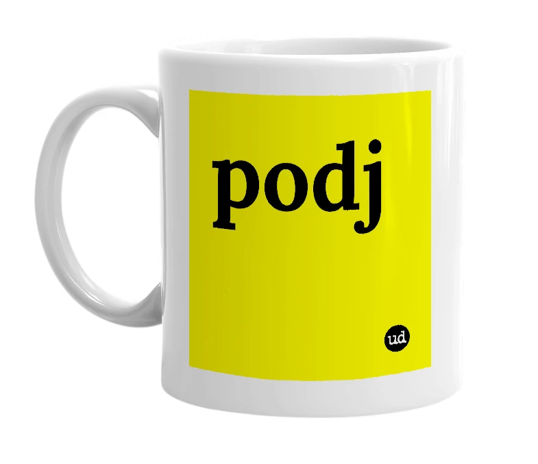 White mug with 'podj' in bold black letters