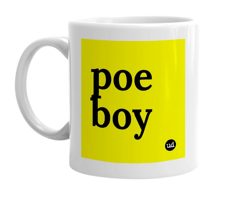 White mug with 'poe boy' in bold black letters