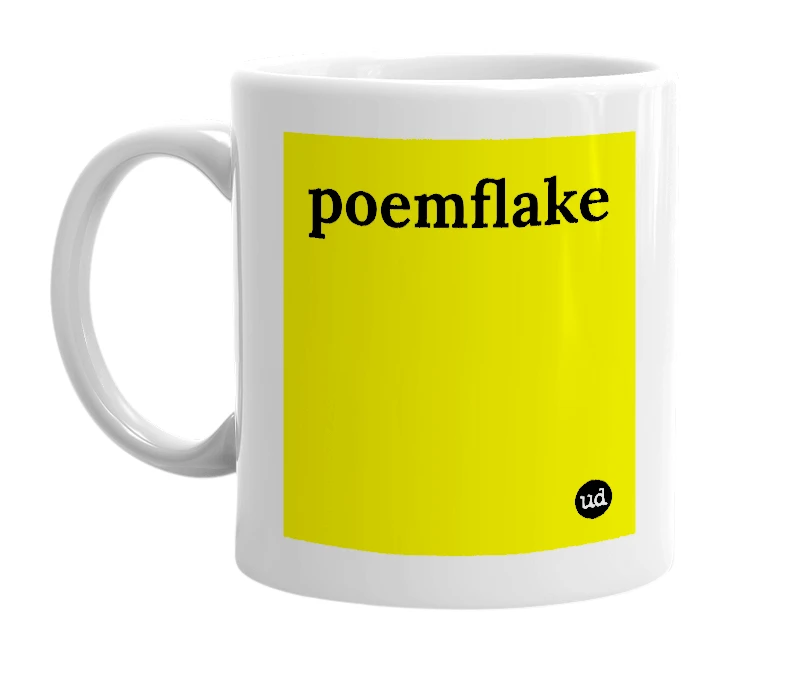White mug with 'poemflake' in bold black letters