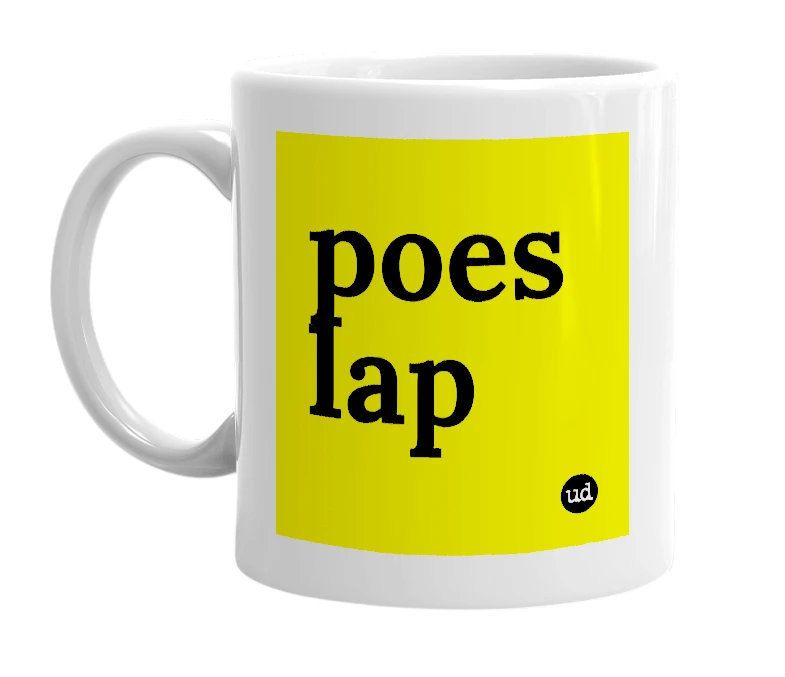 White mug with 'poes lap' in bold black letters