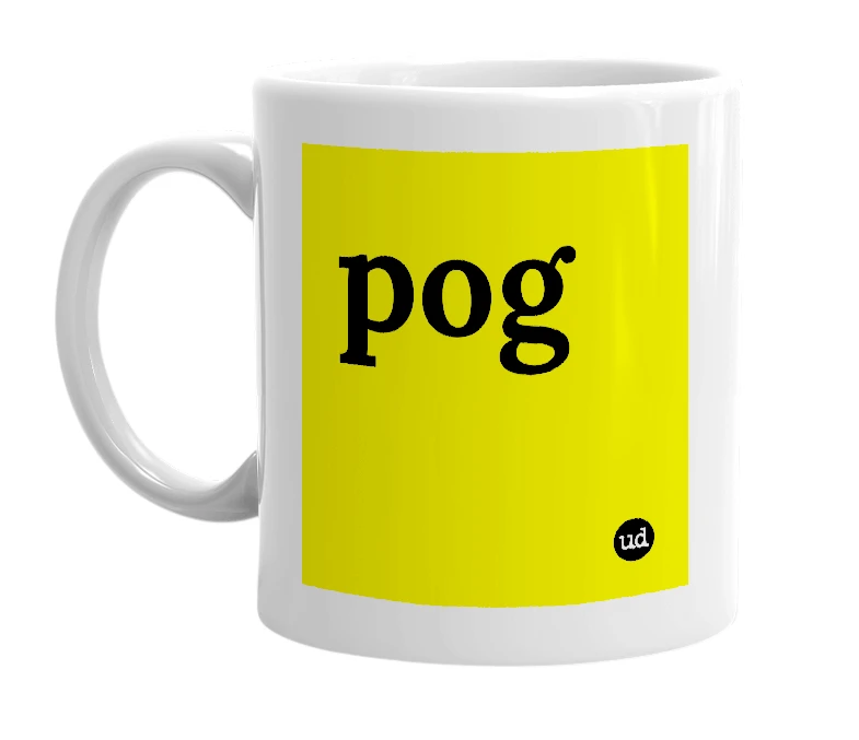 White mug with 'pog' in bold black letters