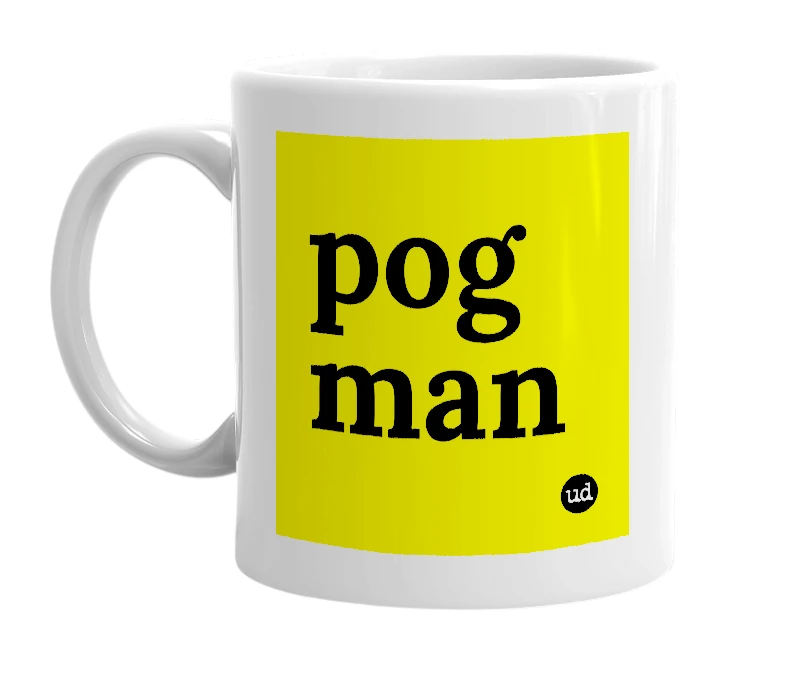 White mug with 'pog man' in bold black letters